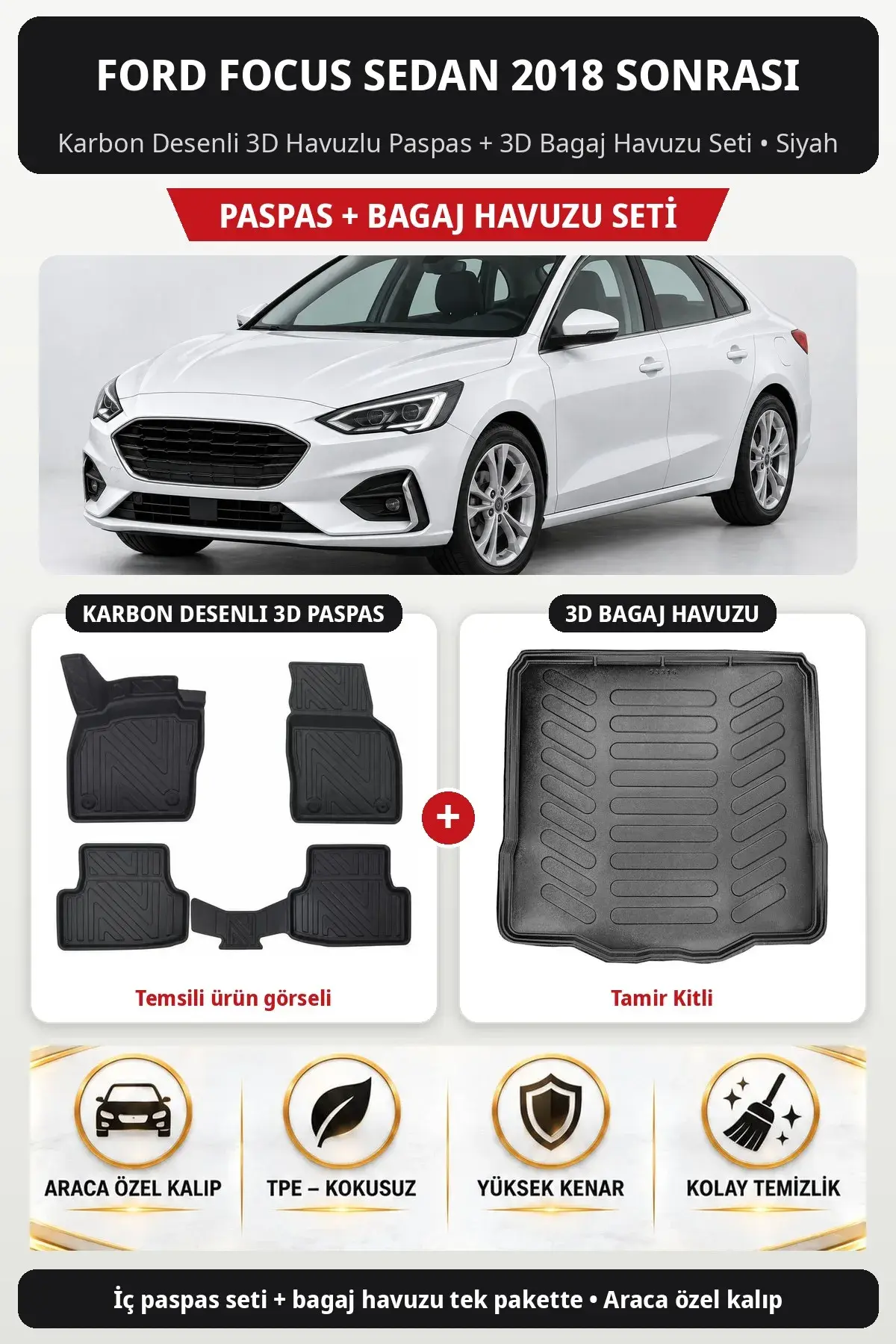 Ford Focus Sedan 2018 Sonrası Karbon Desenli 3D Paspas + Bagaj Havuzu Seti (Tamir Kitli) Siyah (1)