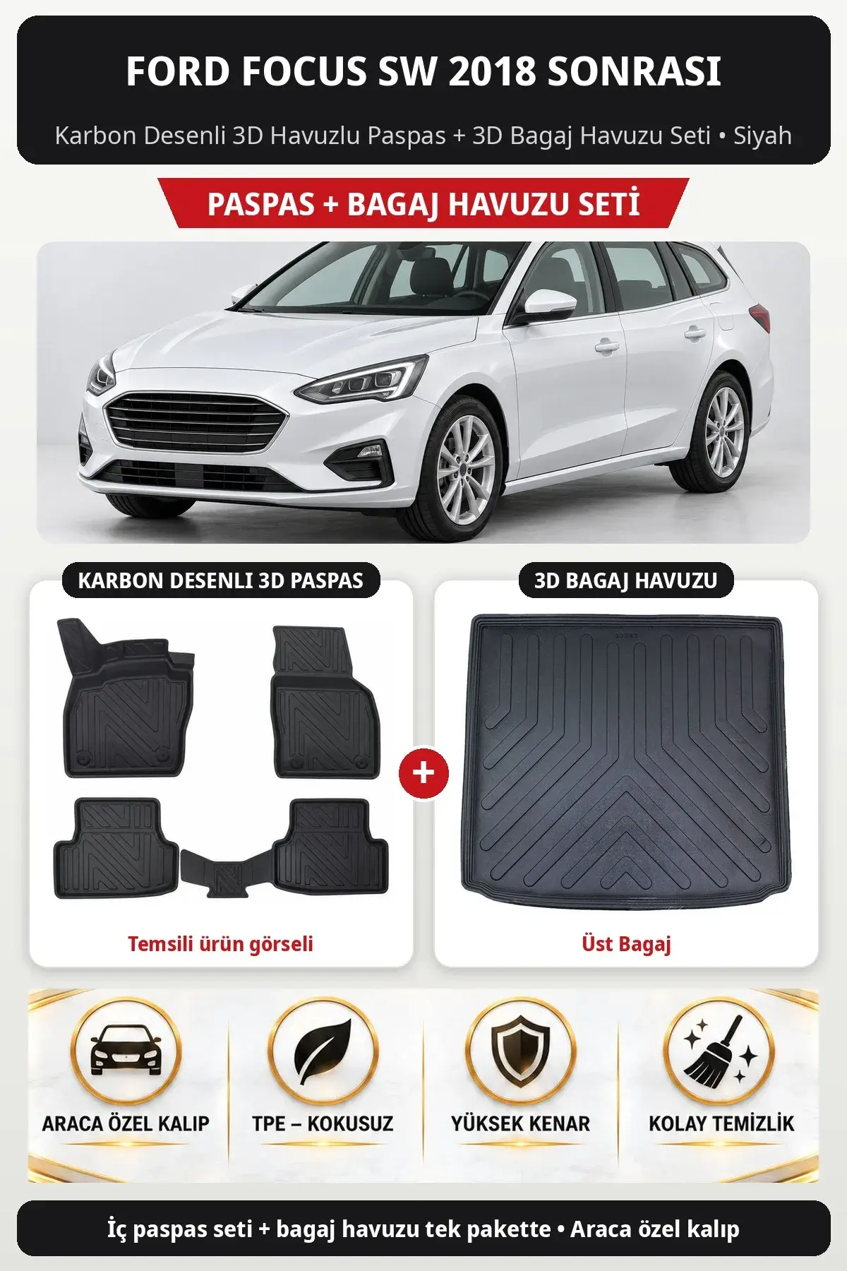 Ford Focus Sw 2018 Sonrası Karbon Desenli 3D Havuzlu Paspas + 3D Bagaj Havuzu Seti (Üst Bagaj) Siyah (1)