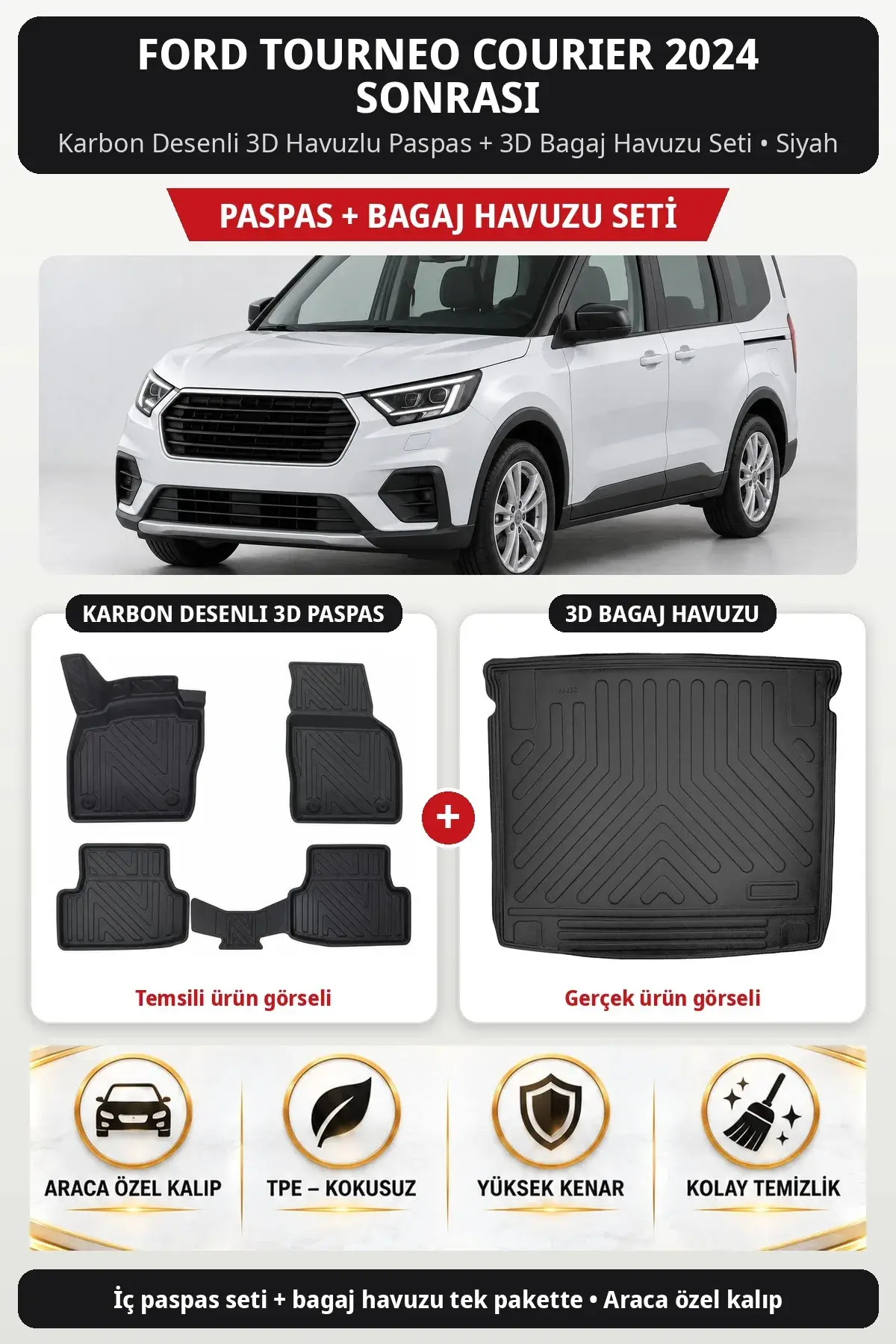 Ford Tourneo Courier 2024 Sonrası Karbon Desenli 3D Havuzlu Paspas + 3D Bagaj Havuzu Seti Siyah (1)