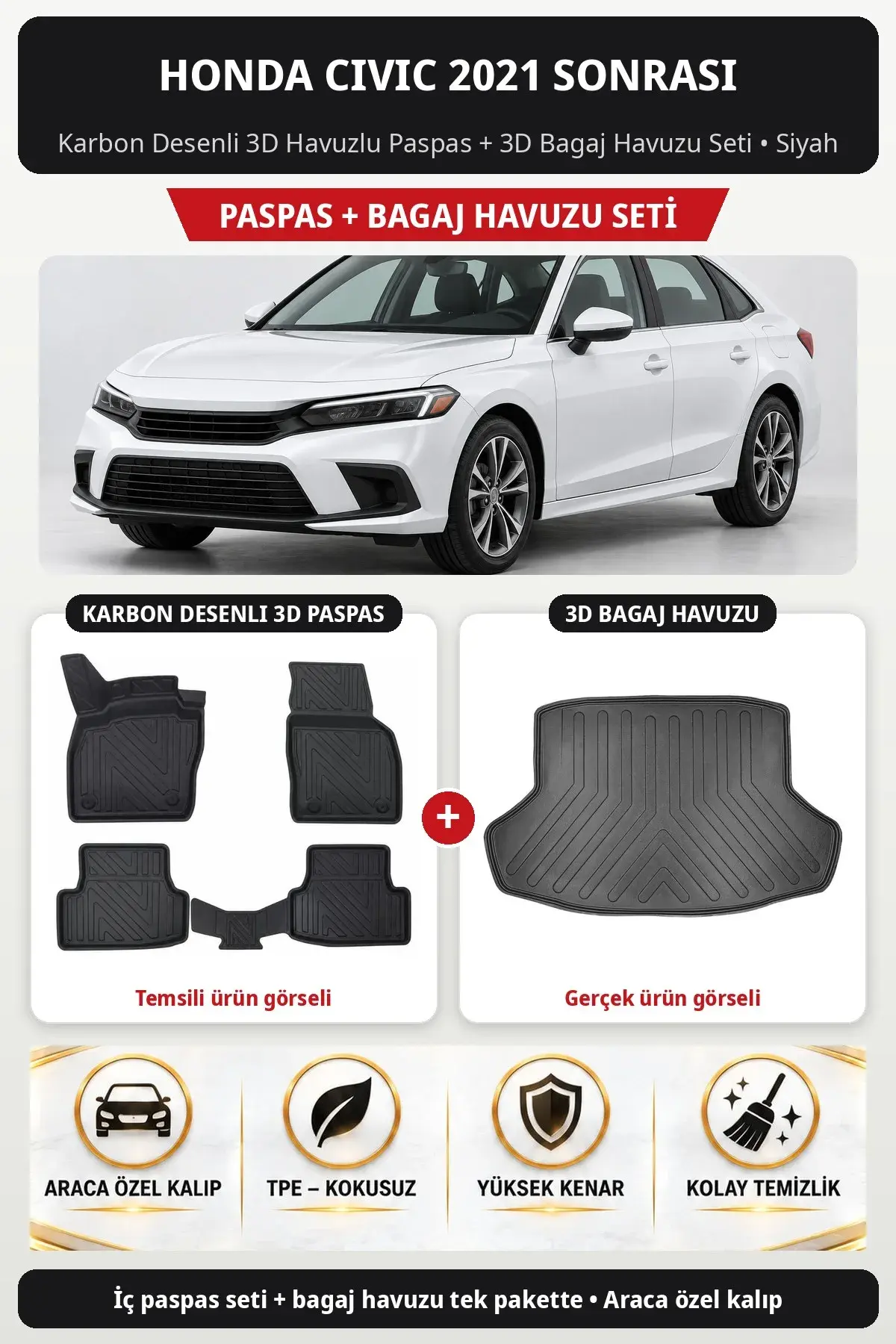 Honda Civic 2021 Sonrası Karbon Desenli 3D Havuzlu Paspas + 3D Bagaj Havuzu Seti Siyah (1)