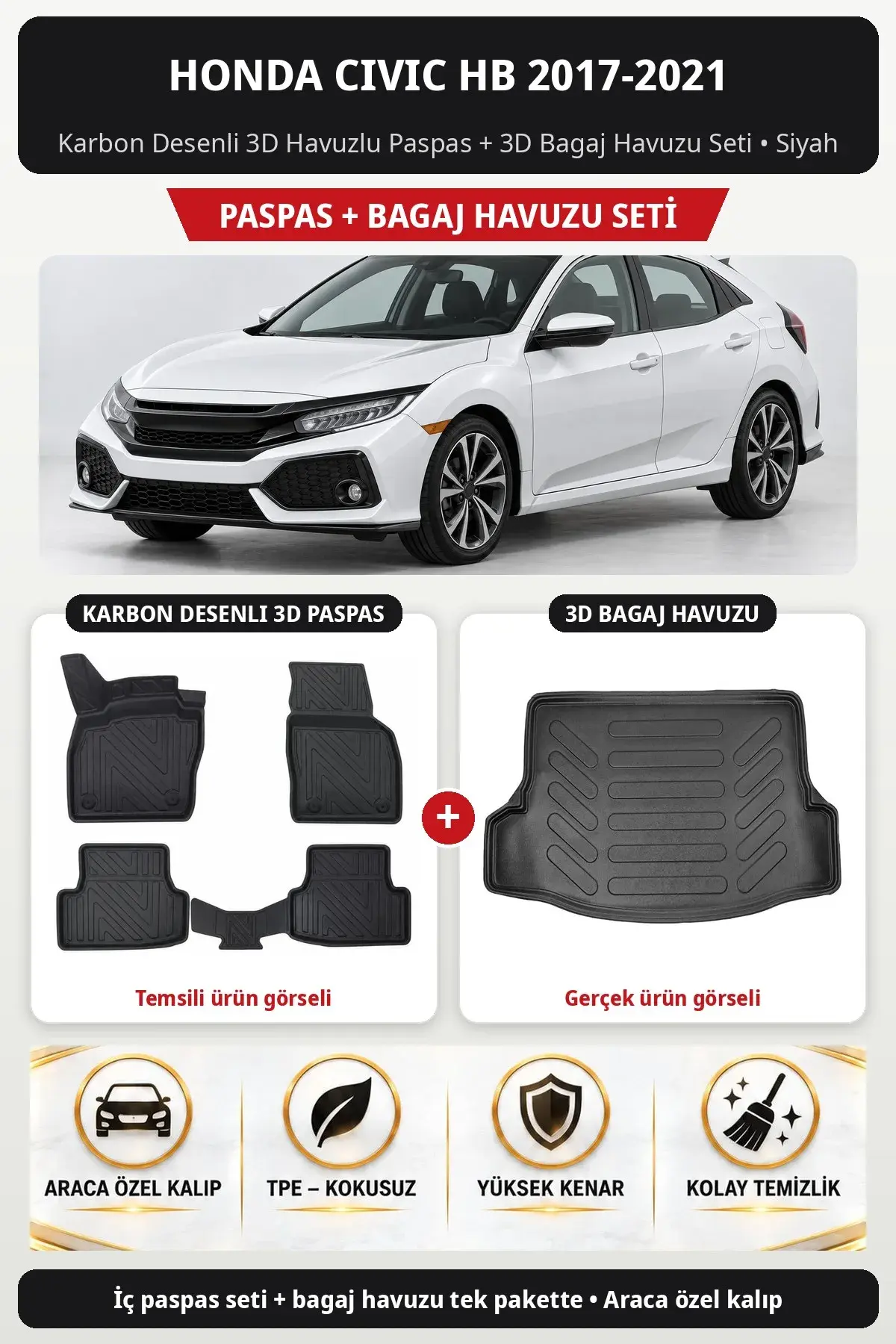 Honda Civic HB 2017-2021 Karbon Desenli 3D Havuzlu Paspas + 3D Bagaj Havuzu Seti Siyah (1)