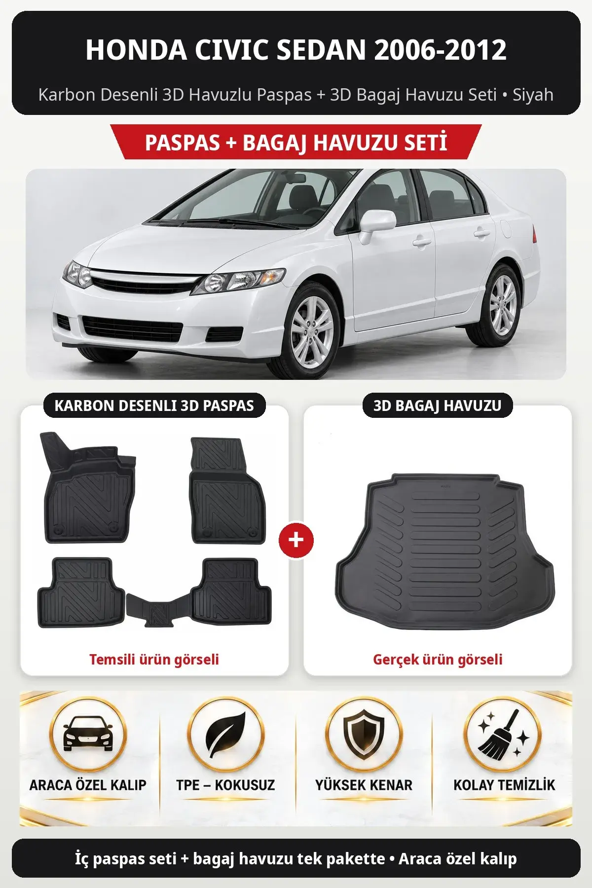 Honda Civic Sedan 2006-2012 Karbon Desenli 3D Havuzlu Paspas + 3D Bagaj Havuzu Seti Siyah (1)
