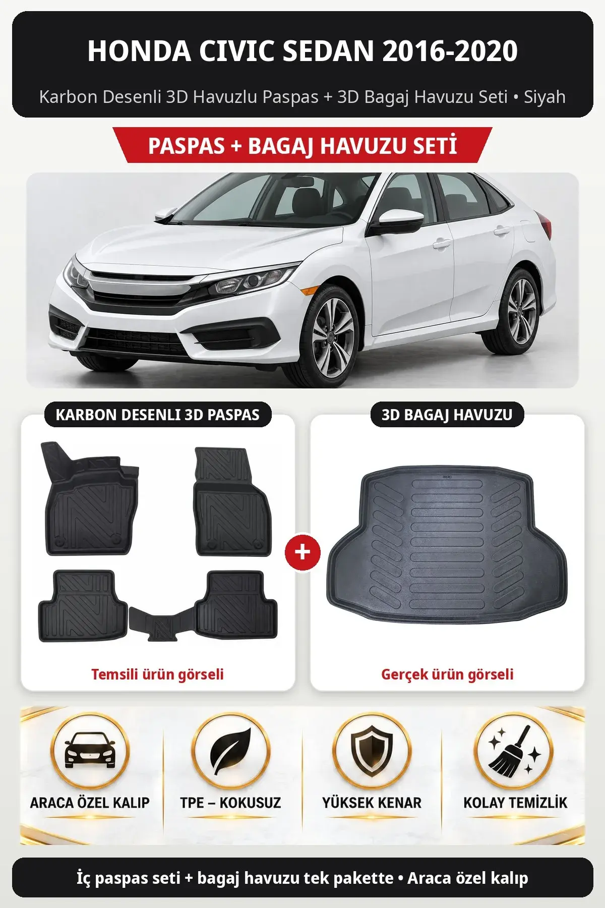 Honda Civic Sedan 2016-2020 Karbon Desenli 3D Havuzlu Paspas + 3D Bagaj Havuzu Seti Siyah (1)
