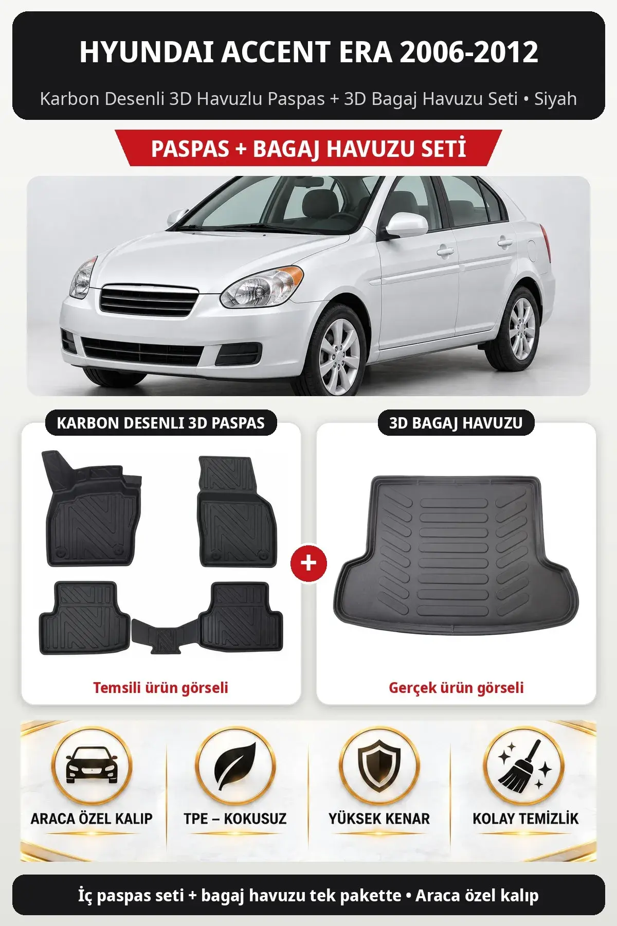 Hyundai Accent Era 2006-2012 Karbon Desenli 3D Havuzlu Paspas + 3D Bagaj Havuzu Seti Siyah (1)