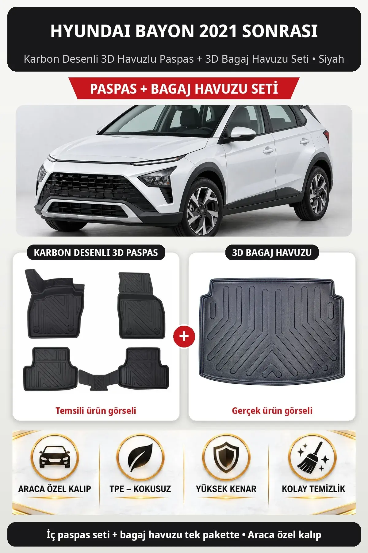 Hyundai Bayon 2021 Sonrası Karbon Desenli 3D Havuzlu Paspas + 3D Bagaj Havuzu Seti Siyah (1)