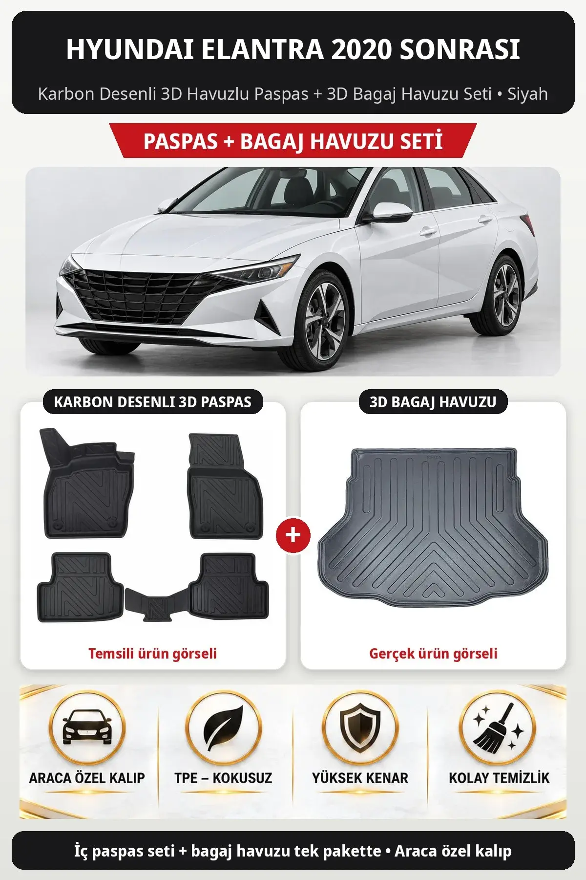 Hyundai Elantra 2020 Sonrası Karbon Desenli 3D Havuzlu Paspas + 3D Bagaj Havuzu Seti Siyah (1)