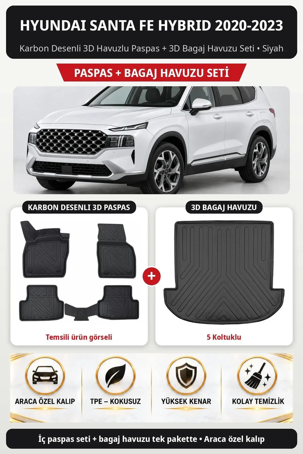 Hyundai Santa Fe Hybrid 2020-2023 Karbon Desenli 3D Paspas + Bagaj Havuzu Seti (5 Koltuklu) Siyah (1)