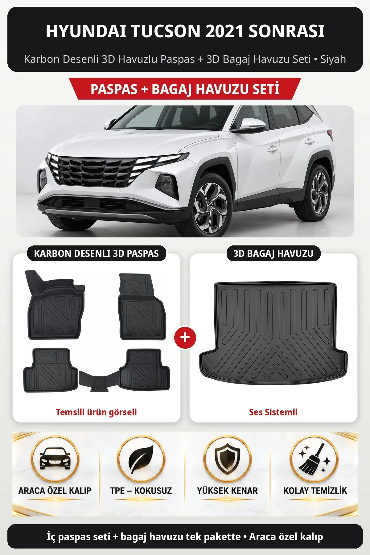 Hyundai Tucson 2021 Sonrası Karbon Desenli 3D Paspas + Bagaj Havuzu Seti (Ses Sistemli) Siyah (1)