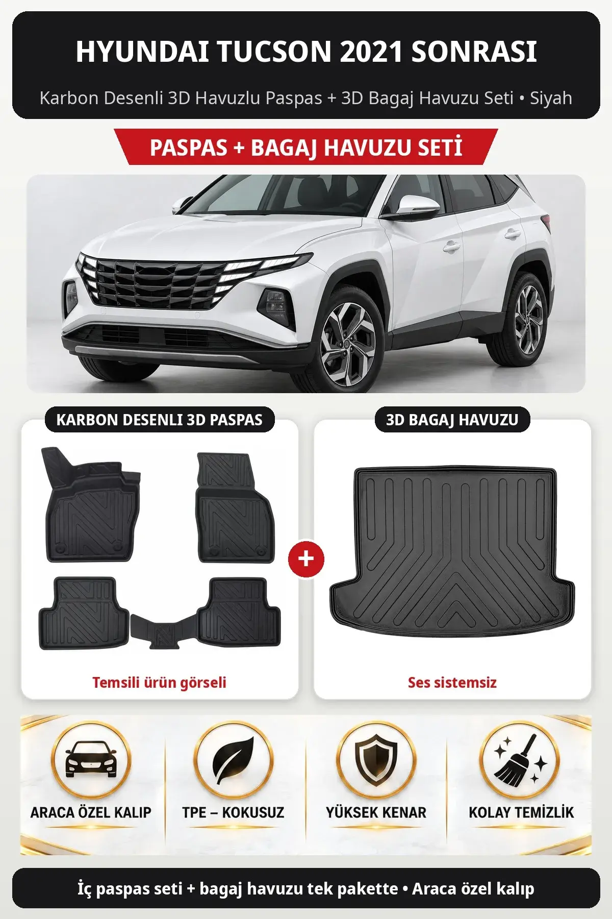 Hyundai Tucson 2021 Sonrası Karbon Desenli 3D Paspas + Bagaj Havuzu Seti (Ses sistemsiz) Siyah (1)