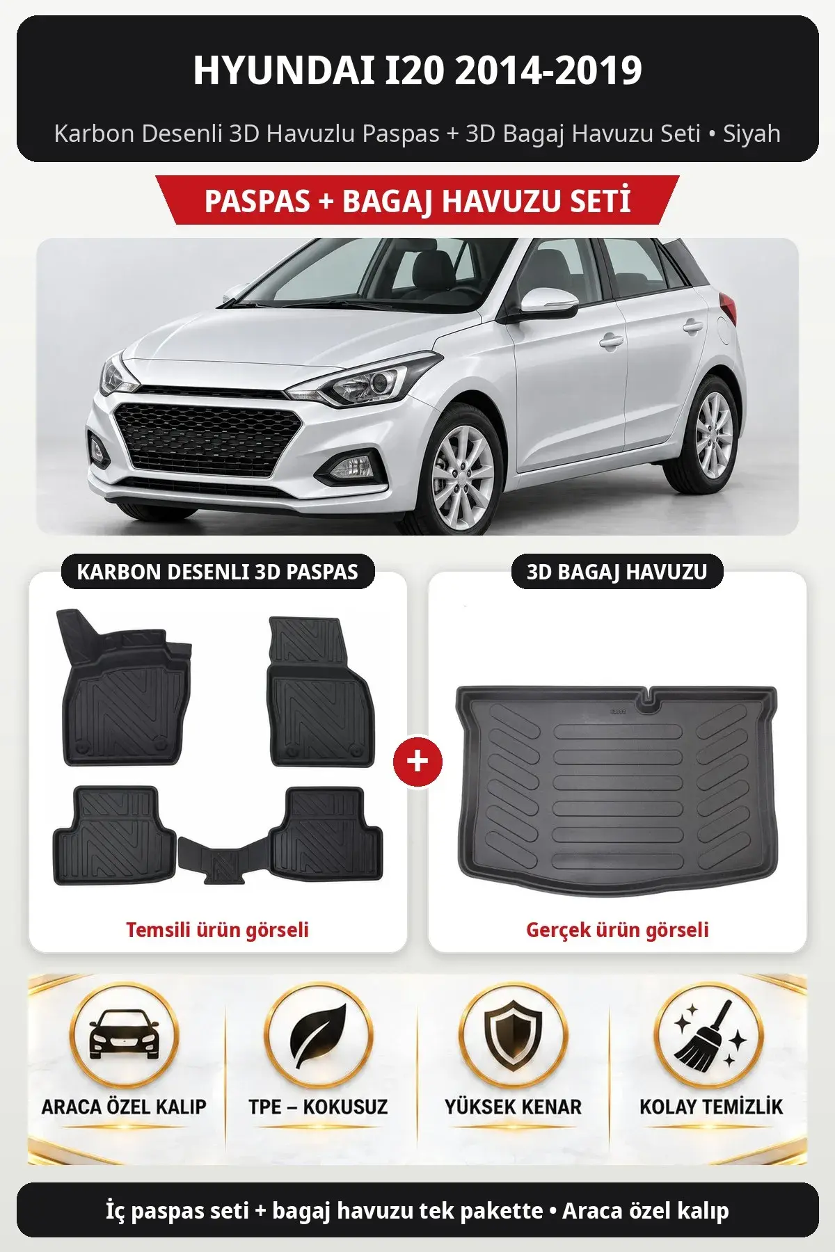 Hyundai i20 2014-2019 Karbon Desenli 3D Havuzlu Paspas + 3D Bagaj Havuzu Seti Siyah (1)