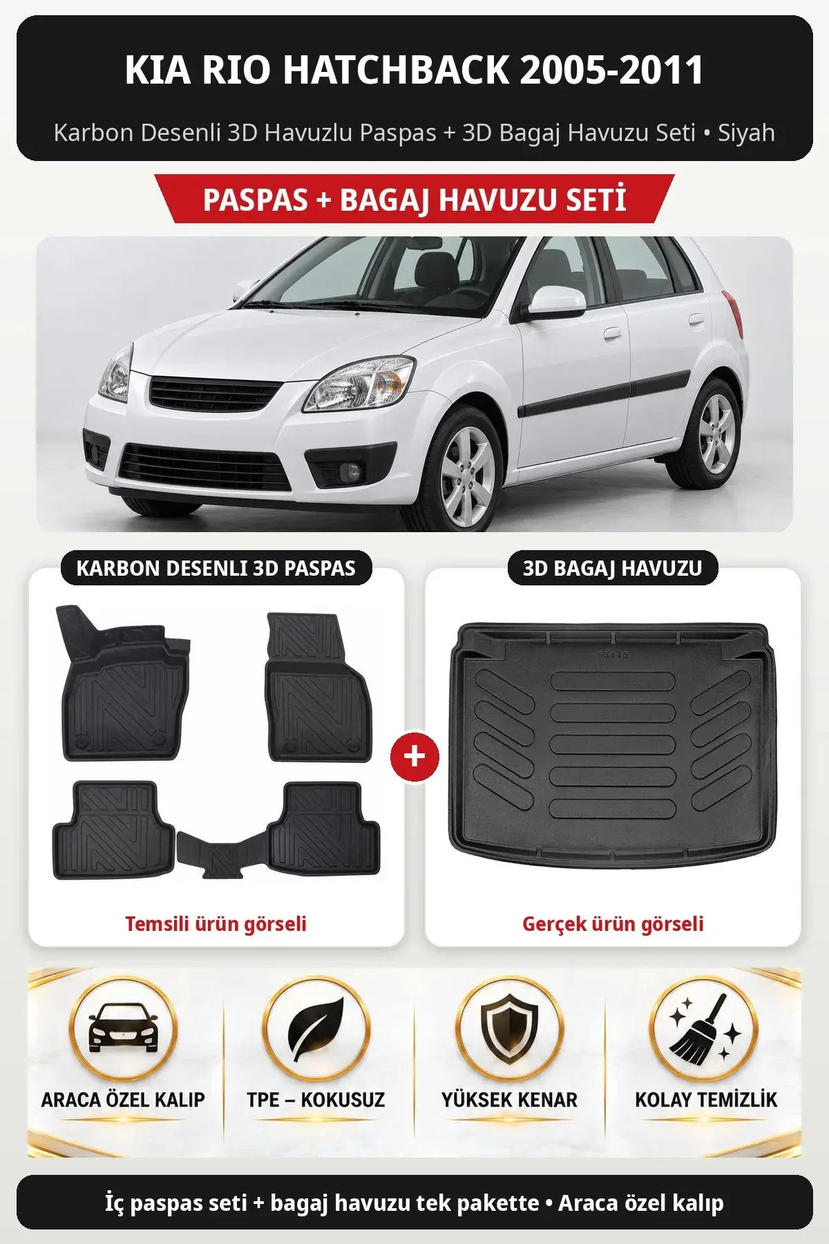 Kia Rio Hatchback 2005-2011 Karbon Desenli 3D Havuzlu Paspas + 3D Bagaj Havuzu Seti Siyah (1)