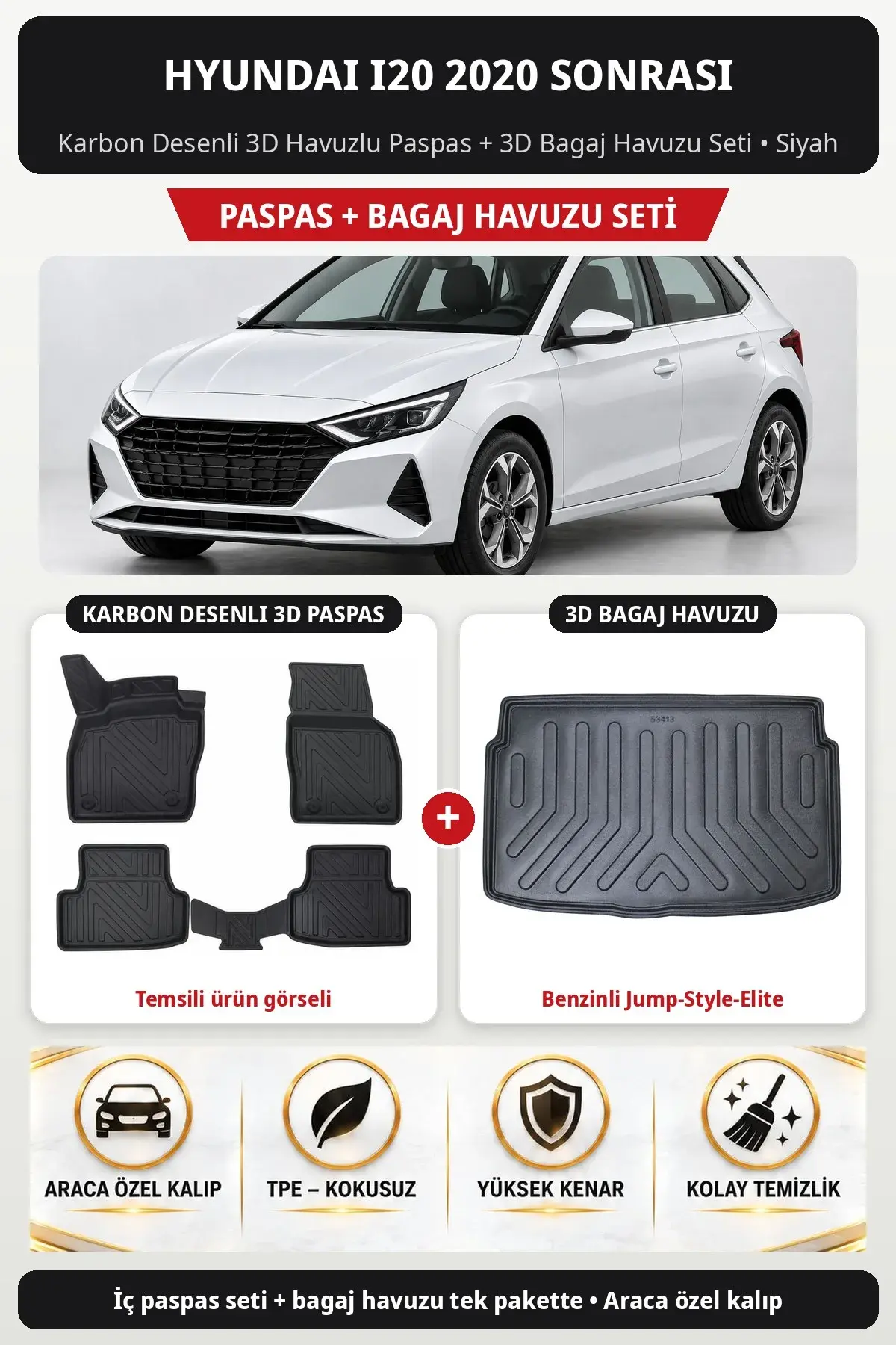 Hyundai i20 2020 Sonrası Karbon Desenli 3D Paspas + Bagaj Havuzu Seti (Benzinli Jump-Style-Elite) Siyah (1)