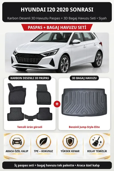 Hyundai i20 2020 Sonrası Karbon 3D Paspas + Bagaj Havuzu Seti (Benzinli Jump-Style-Elite) Siyah