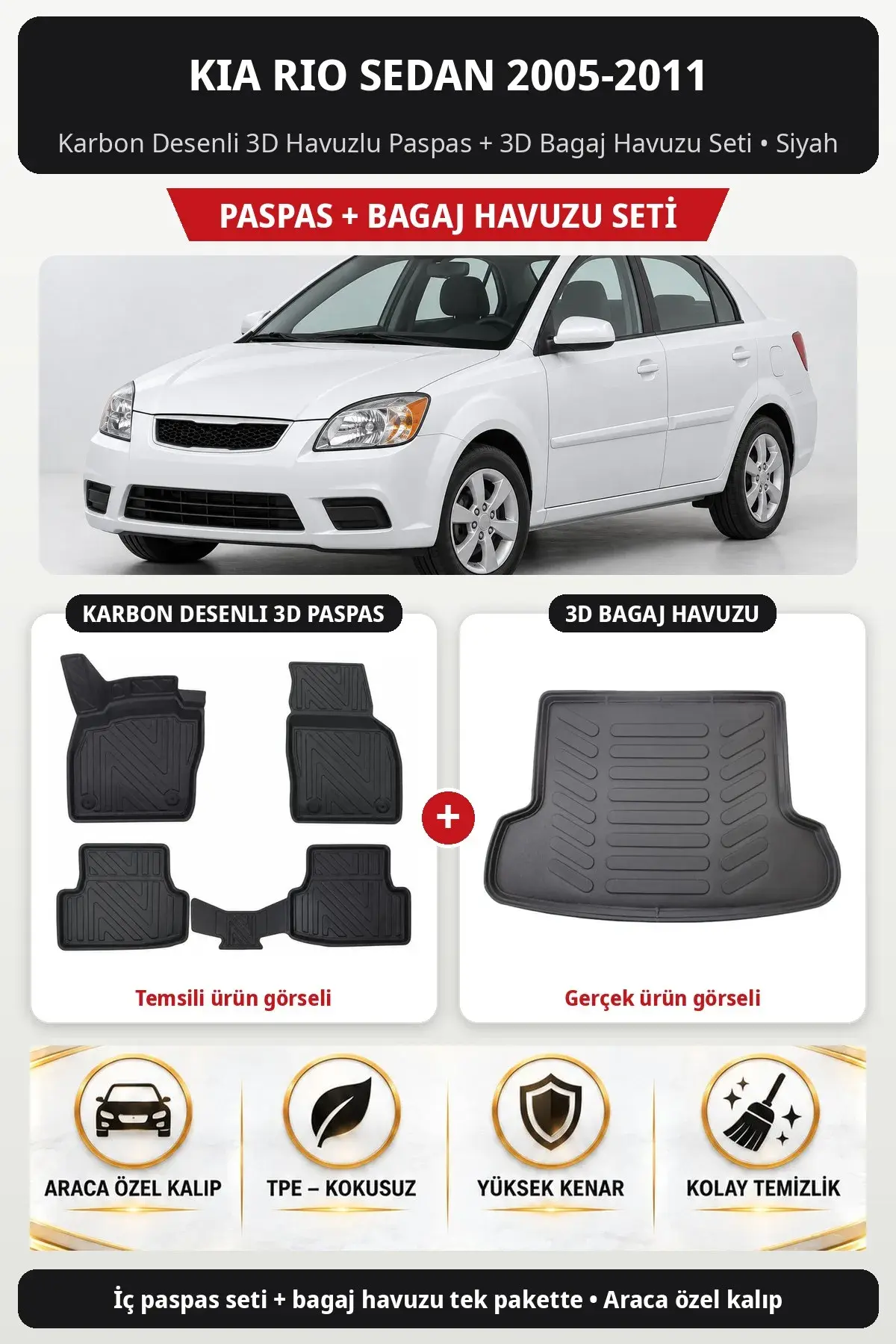 Kia Rio Sedan 2005-2011 Karbon Desenli 3D Havuzlu Paspas + 3D Bagaj Havuzu Seti Siyah (1)