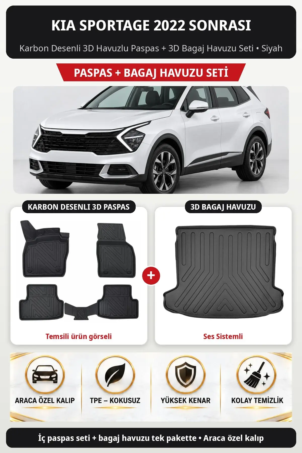 Kia Sportage 2022 Sonrası Karbon Desenli 3D Paspas + Bagaj Havuzu Seti (Ses Sistemli) Siyah (1)