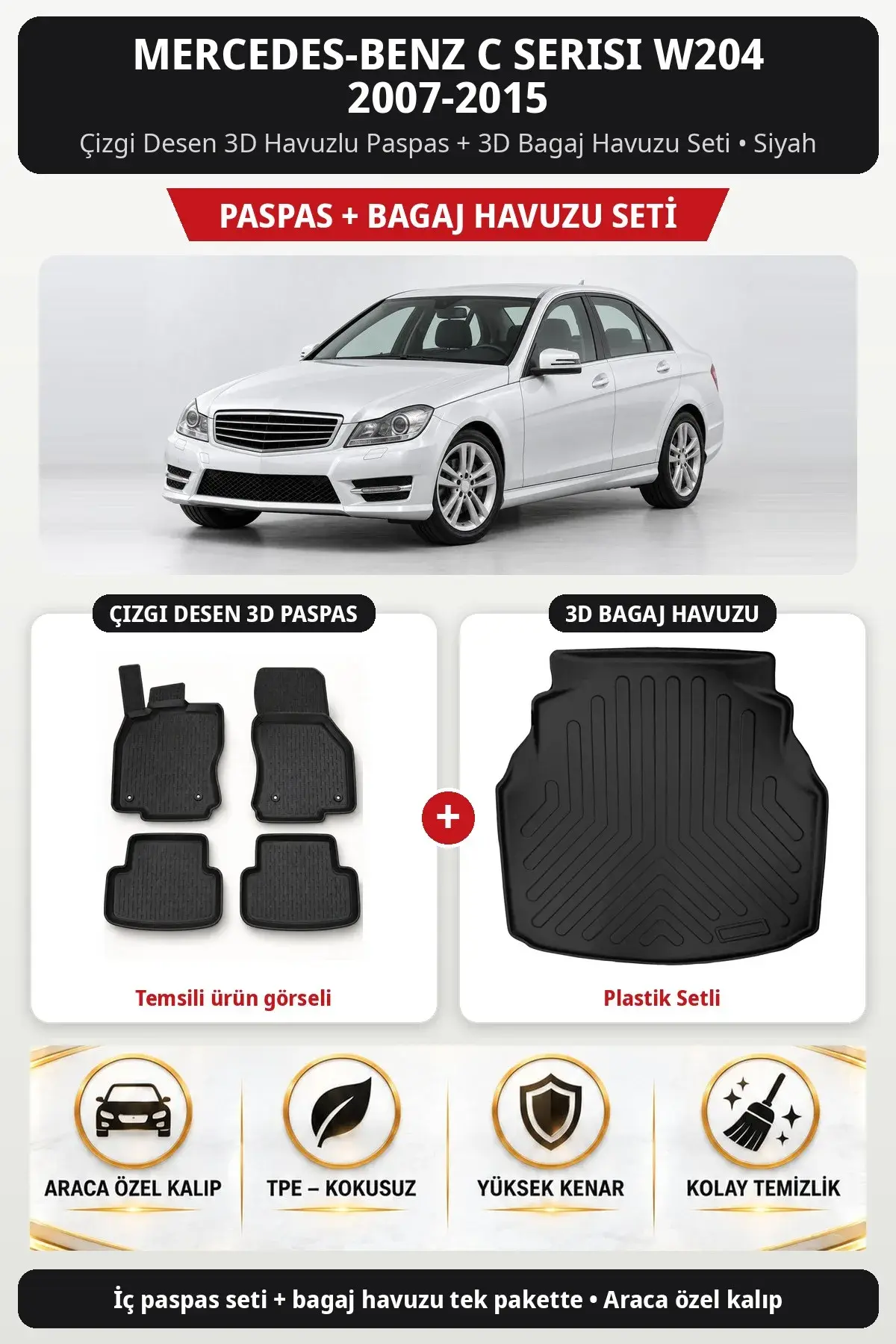 Mercedes-Benz C Serisi W204 2007-2015 Çizgi Desen 3D Paspas + Bagaj Havuzu Seti (Plastik Setli) Siyah (1)