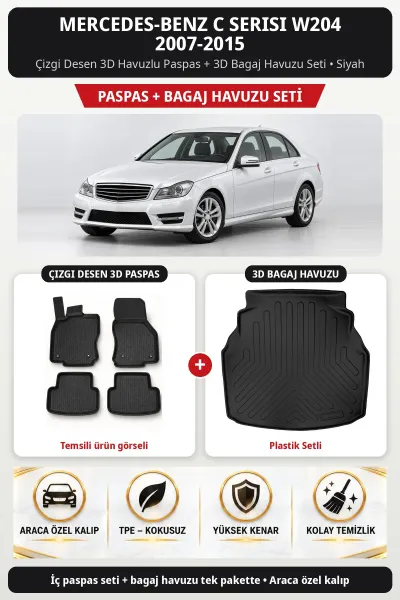 Mercedes-Benz C Serisi W204 2007-2015 Çizgi Desen 3D Paspas + Bagaj Seti (Plastik Setli) Siyah