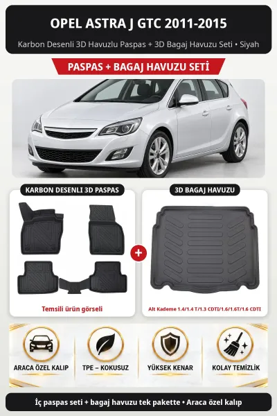 Opel Astra J Gtc 2011-2015 Karbon 3D Paspas + Bagaj Seti (Alt Kademe 1.4/1.4 T/1.3