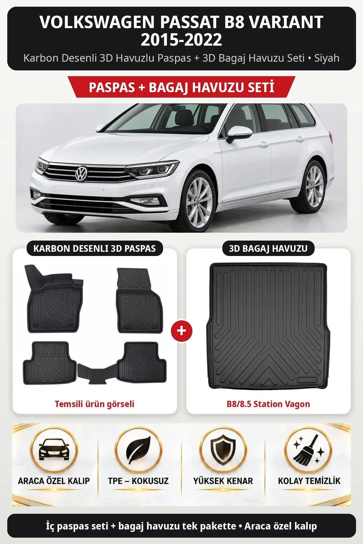 Volkswagen Passat B8 Variant 2015-2022 Karbon Desenli 3D Paspas + Bagaj Havuzu Seti (B8/8.5 Station Vagon) Siyah (1)