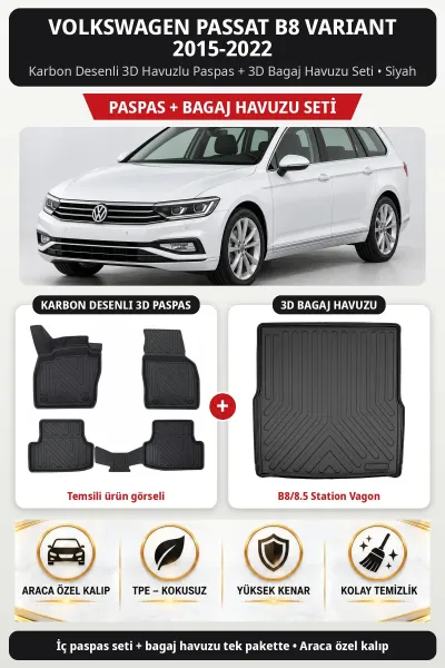 Volkswagen Passat B8 Variant 2015-2022 Karbon 3D Paspas + Bagaj Seti (B8/8.5 Station Vagon) Siyah