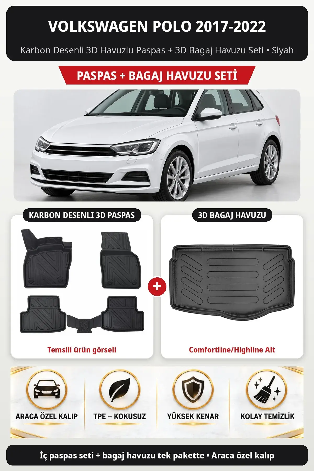 Volkswagen Polo 2017-2022 Karbon Desenli 3D Paspas + Bagaj Havuzu Seti (Comfortline/Highline Alt) Siyah (1)