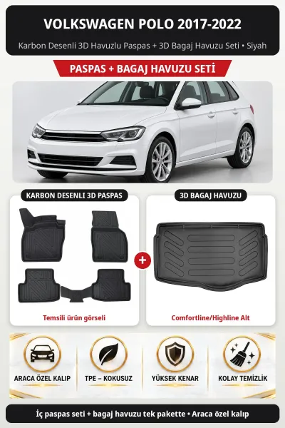 Volkswagen Polo 2017-2022 Karbon 3D Paspas + Bagaj Havuzu Seti (Comfortline/Highline Üst) Siyah