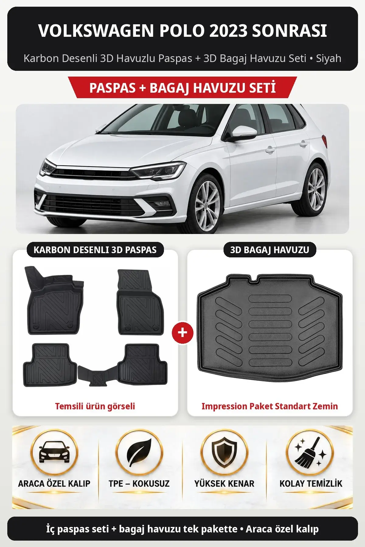 Volkswagen Polo 2023 Sonrası Karbon Desenli 3D Paspas + Bagaj Havuzu Seti (Impression Paket Standart Zemin) Siyah (1)