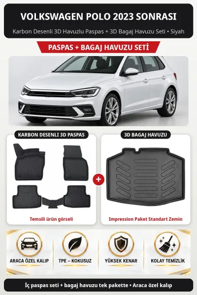 Volkswagen Polo 2023 Sonrası Karbon 3D Paspas + Bagaj Seti (Impression Paket Standart Zemin) Siyah
