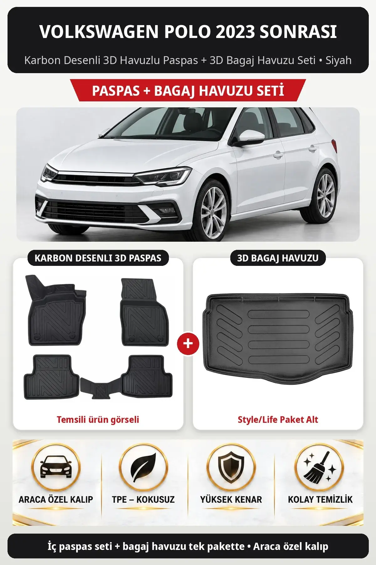Volkswagen Polo 2023 Sonrası Karbon Desenli 3D Paspas + Bagaj Havuzu Seti (Style/Life Paket Alt) Siyah (1)
