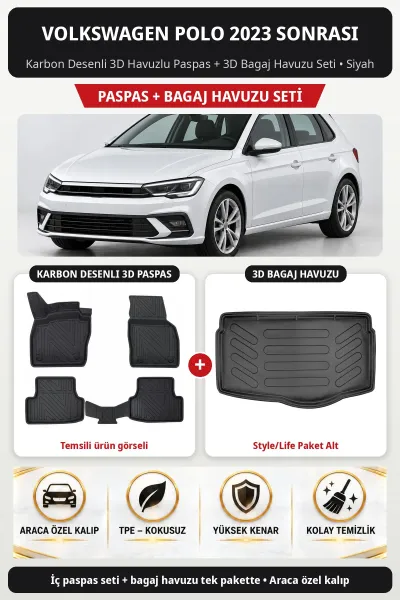 Volkswagen Polo 2023 Sonrası Karbon 3D Paspas + Bagaj Havuzu Seti (Style/Life Paket Alt) Siyah