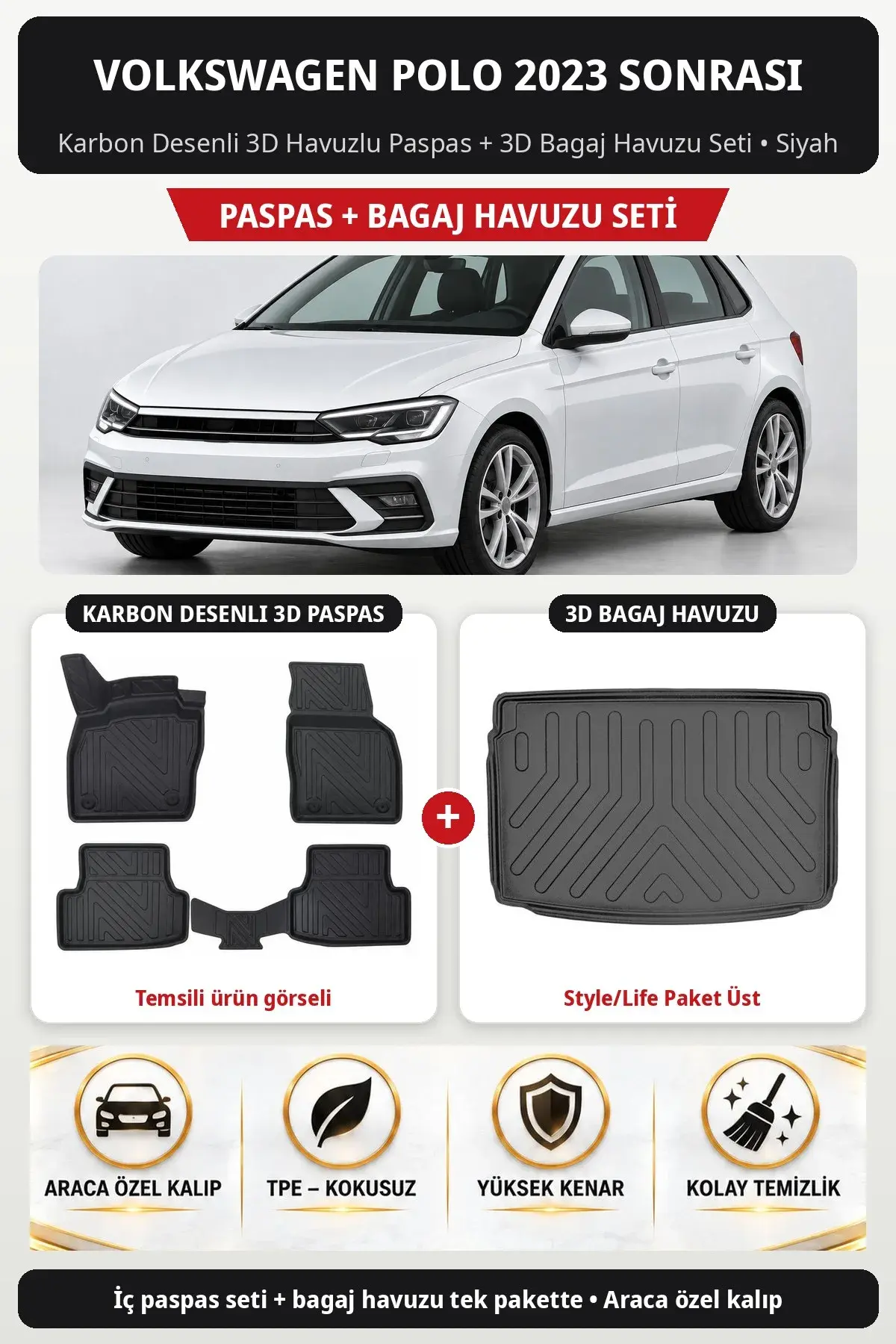 Volkswagen Polo 2023 Sonrası Karbon Desenli 3D Paspas + Bagaj Havuzu Seti (Style/Life Paket Üst) Siyah (1)