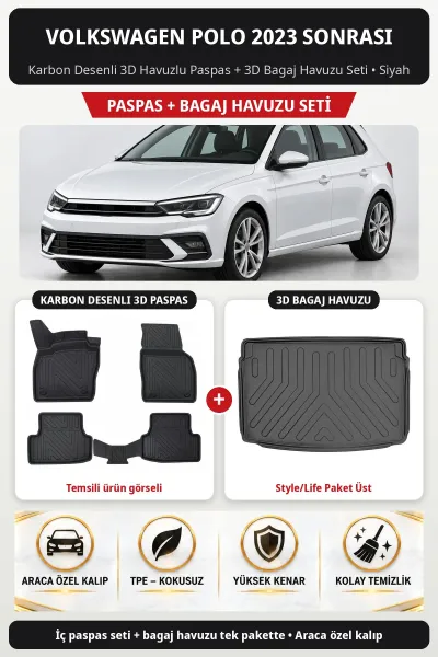 Volkswagen Polo 2023 Sonrası Karbon 3D Paspas + Bagaj Havuzu Seti (Style/Life Paket Üst) Siyah