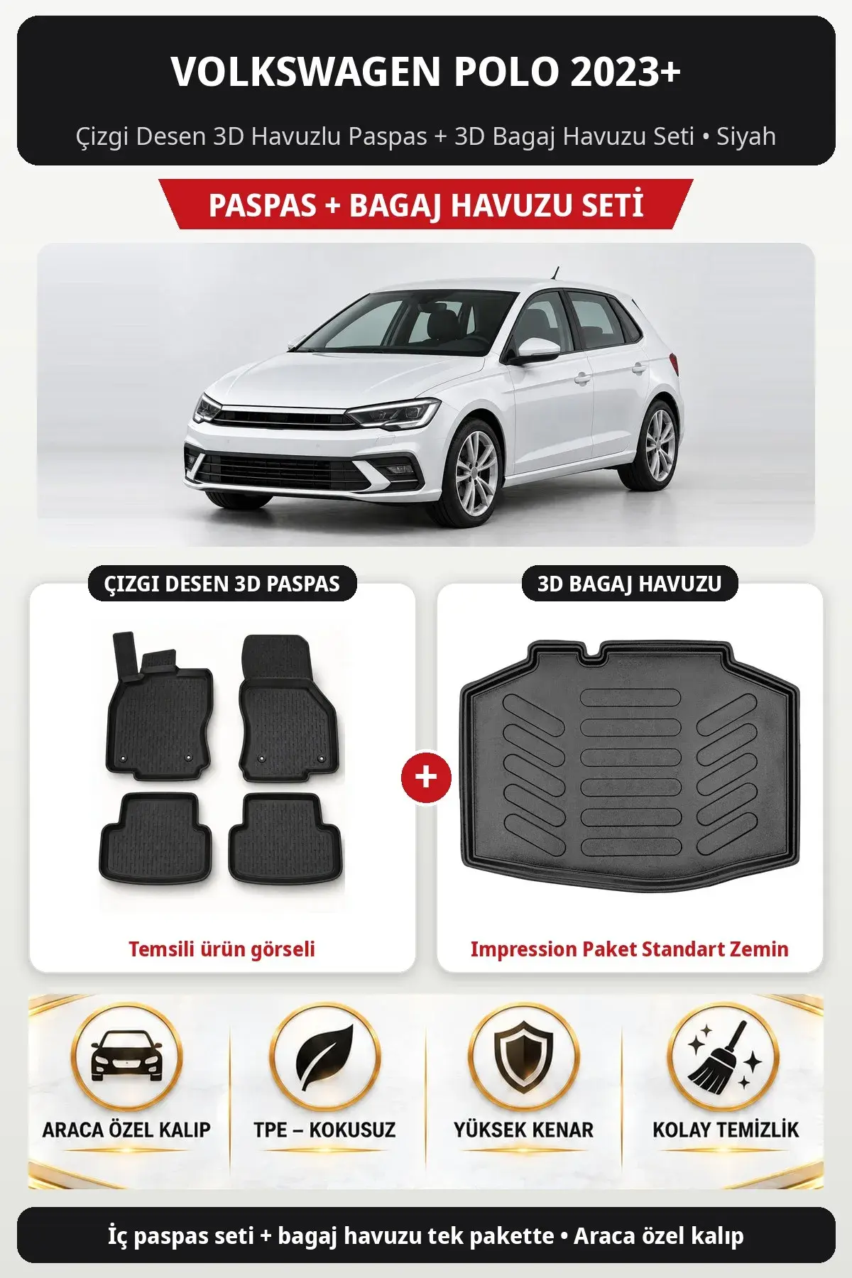 Volkswagen Polo 2023+ Çizgi Desen 3D Paspas + Bagaj Havuzu Seti (Impression Paket Standart Zemin) Siyah (1)