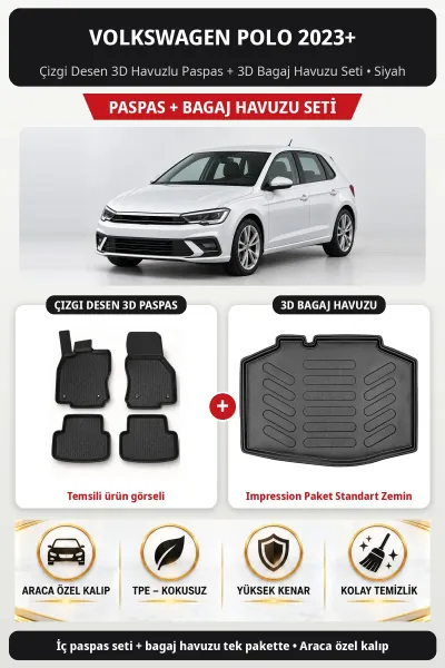 Volkswagen Polo 2023+ Çizgi Desen 3D Paspas + Bagaj Seti (Impression Paket Standart Zemin) Siyah