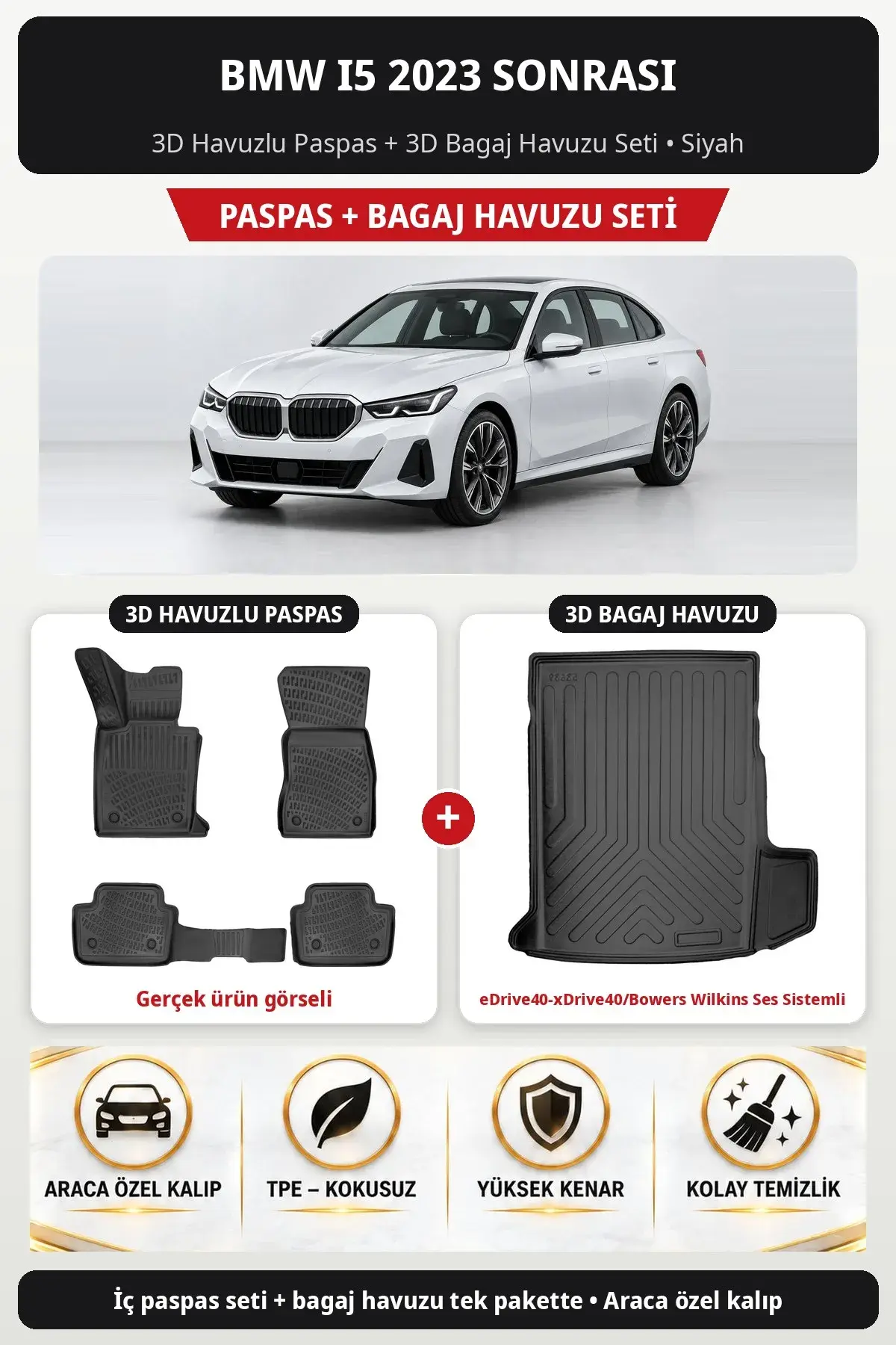 BMW i5 2023 Sonrası 3D Paspas + Bagaj Havuzu Seti (eDrive40-xDrive40/Bowers Wilkins Ses Sistemli) Siyah (1)