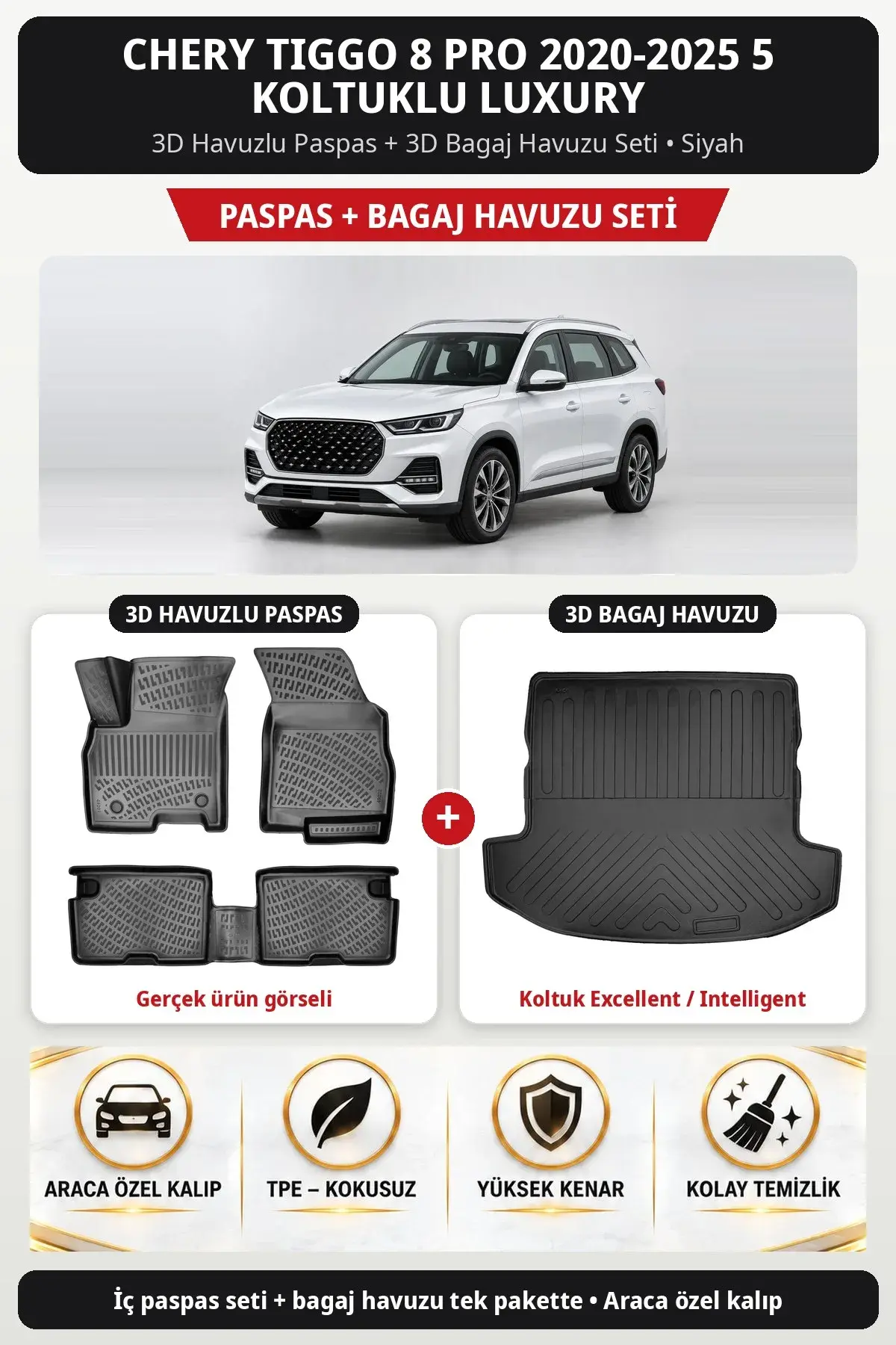 Chery Tiggo 8 Pro 2020-2025 5 Koltuklu Luxury 3D Paspas + Bagaj Havuzu Seti (Koltuk Excellent / Intelligent) Siyah (1)