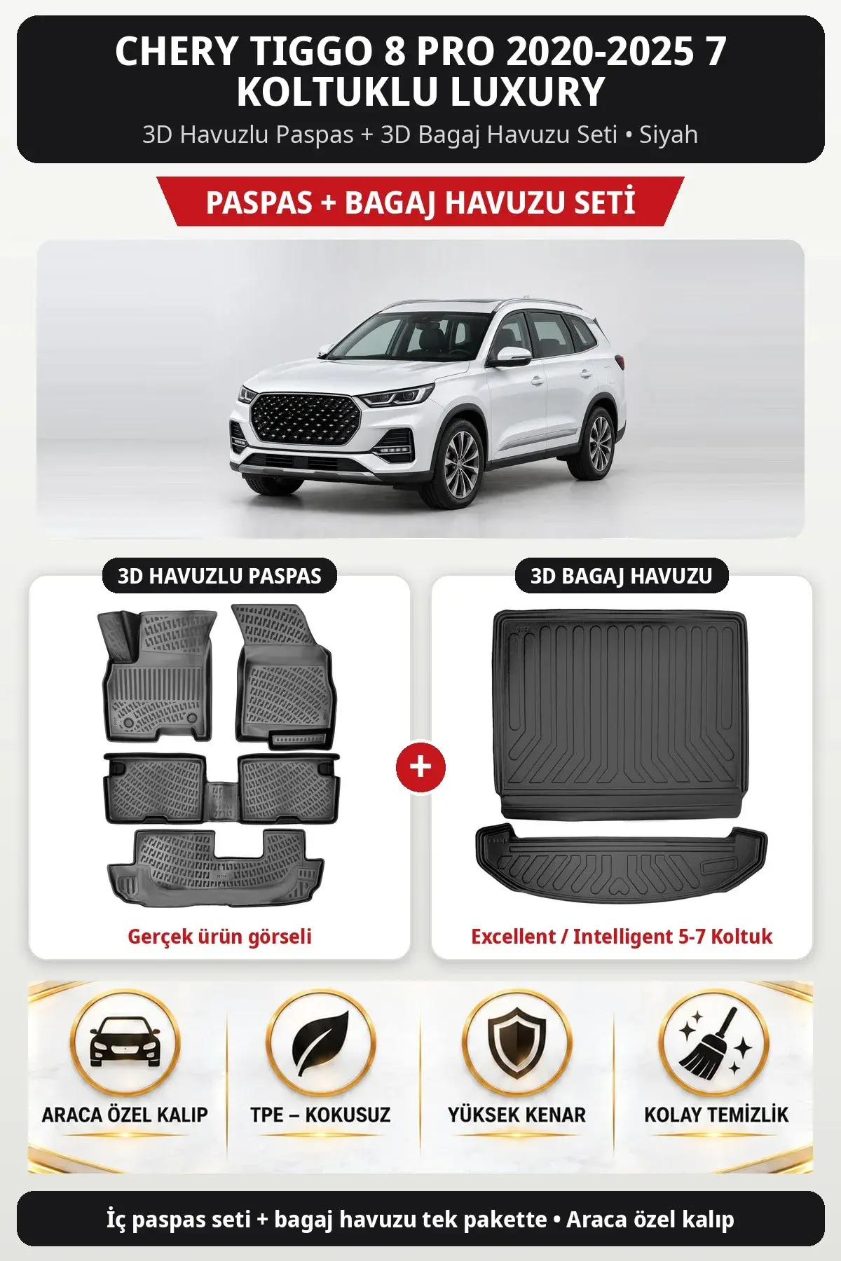 Chery Tiggo 8 Pro 2020-2025 7 Koltuklu Luxury 3D Paspas + Bagaj Havuzu Seti (Excellent / Intelligent 5-7 Koltuk) Siyah (1)