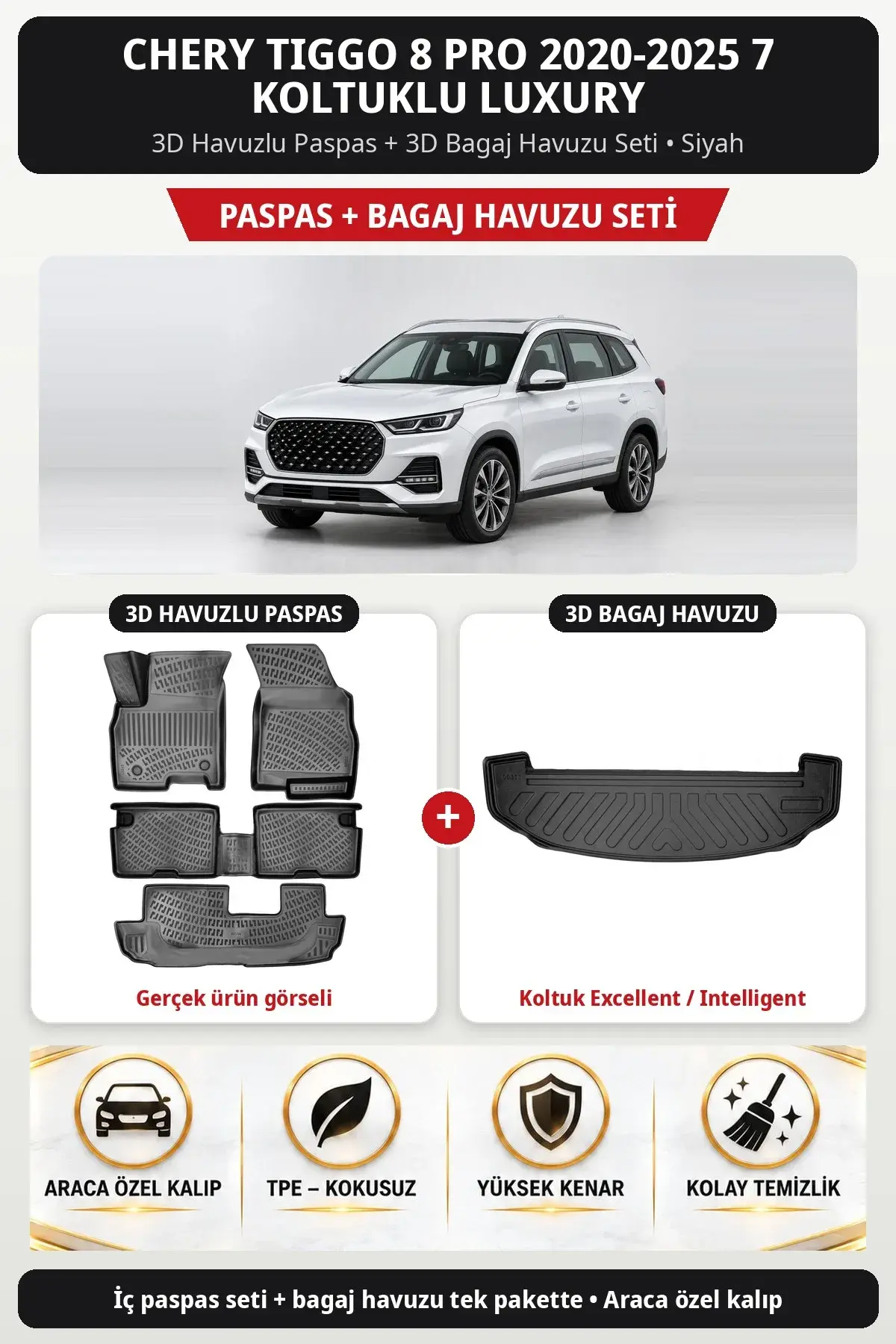 Chery Tiggo 8 Pro 2020-2025 7 Koltuklu Luxury 3D Paspas + Bagaj Havuzu Seti (Koltuk Excellent / Intelligent) Siyah (1)