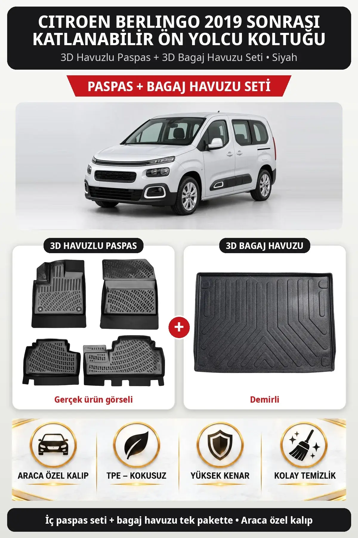 Citroen Berlingo 2019 Sonrası Katlanabilir Ön Yolcu Koltuğu 3D Paspas + Bagaj Havuzu Seti (Demirli) Siyah (1)