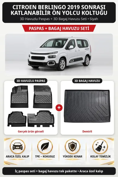 Citroen Berlingo 2019 Sonrası Katlanabilir Ön Yolcu Koltuğu 3D Paspas + Bagaj Seti (Demirli) Siyah