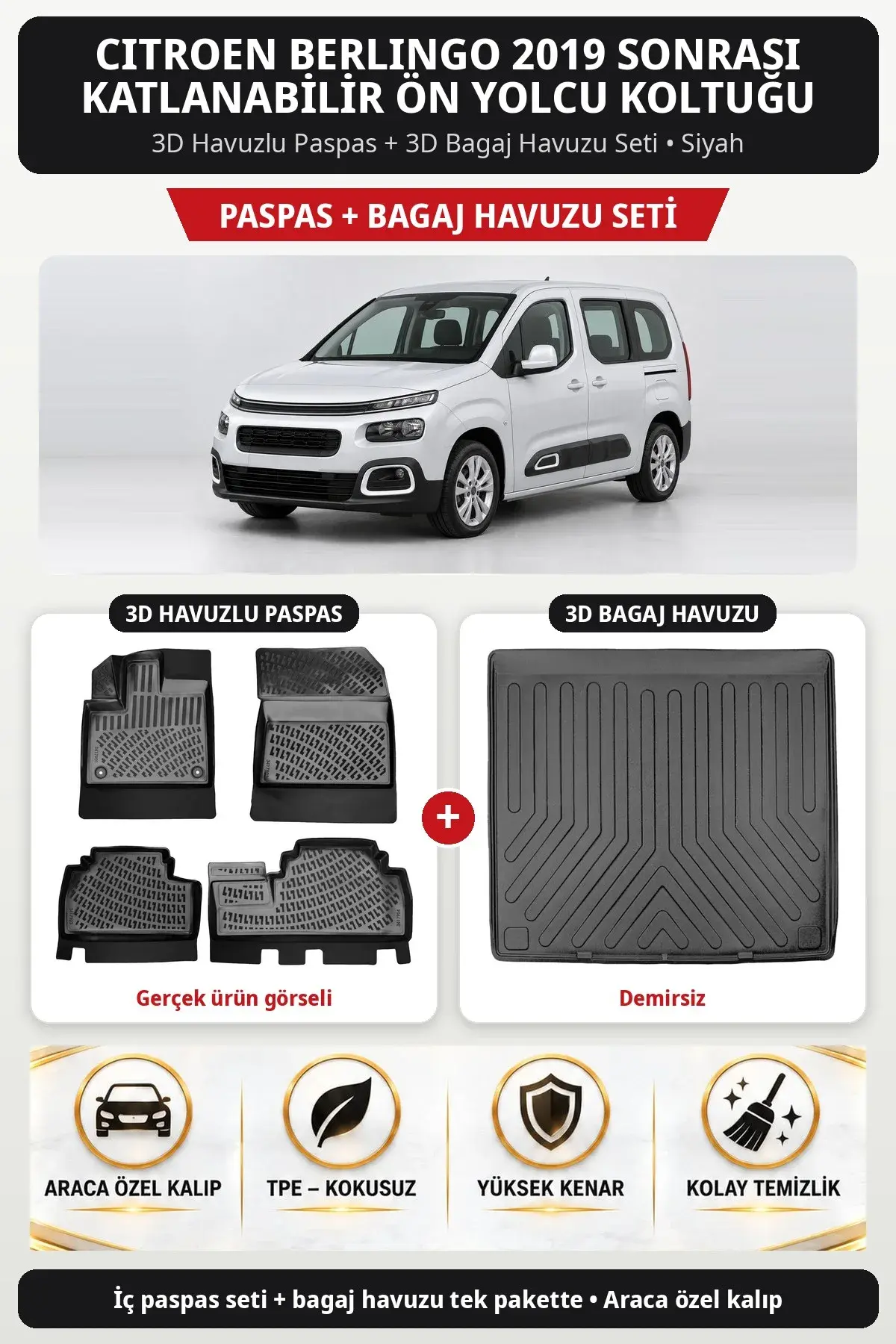 Citroen Berlingo 2019 Sonrası Katlanabilir Ön Yolcu Koltuğu 3D Paspas + Bagaj Havuzu Seti (Demirsiz) Siyah (1)