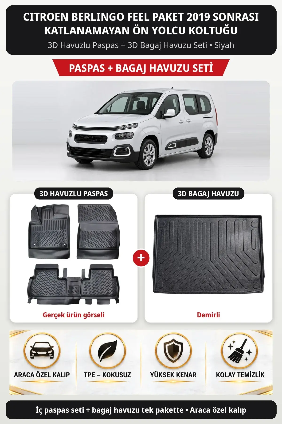Citroen Berlingo Feel Paket 2019 Sonrası Katlanamayan Ön Yolcu Koltuğu 3D Paspas + Bagaj Havuzu Seti (Demirli) Siyah (1)