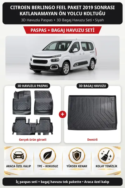 Citroen Berlingo Feel Paket 2019 + Katlanamayan Ön Yolcu Koltuğu 3D Paspas + Bagaj Seti (Demirsiz)