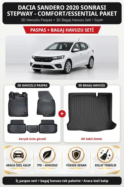 Dacia Sandero 2020 + Stepway - Comfort/Essential Paket 3D Paspas + Bagaj Seti (Alt Sabit Zemin)