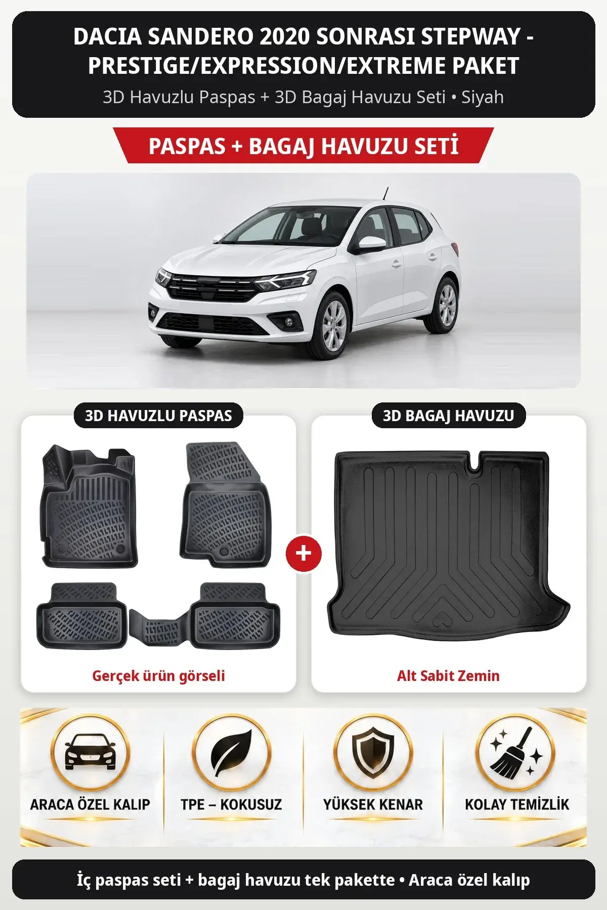 Dacia Sandero 2020 Sonrası Stepway - Prestige/Expression/Extreme Paket 3D Paspas + Bagaj Havuzu Seti (Üst Bagaj) Siyah (1)