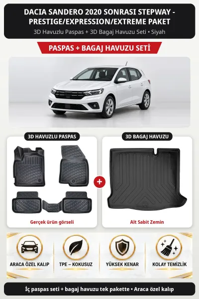 Dacia Sandero 2020 + Stepway - Prestige/Expression/Extreme Paket 3D Paspas + Bagaj Seti (Üst Bagaj)