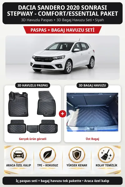 Dacia Sandero 2020 + Stepway - Comfort/Essential Paket 3D Paspas + Bagaj Seti (Üst Bagaj) Siyah