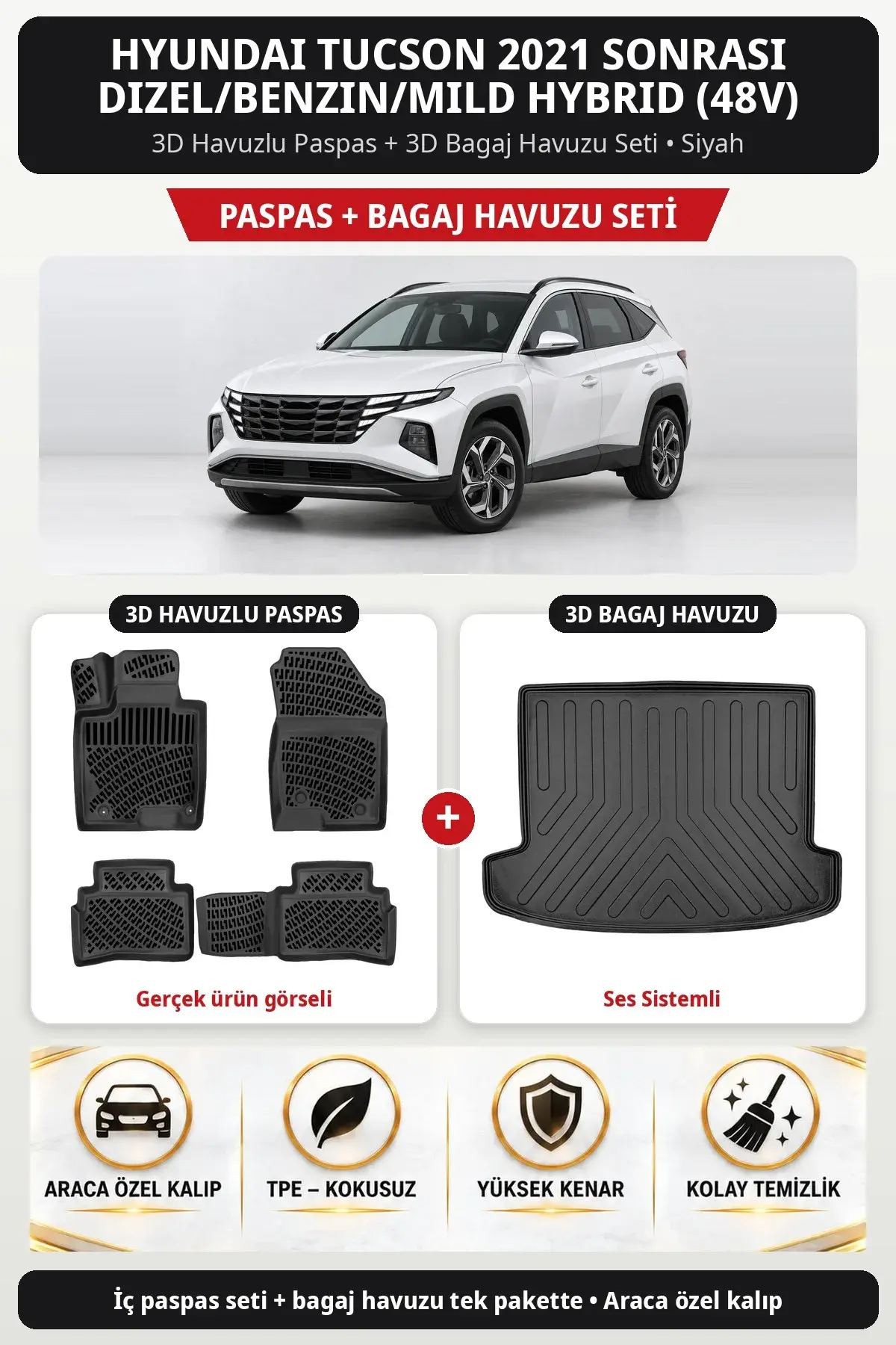 Hyundai Tucson 2021 Sonrası Dizel/Benzin/Mild Hybrid (48v) 3D Paspas + Bagaj Havuzu Seti (Ses Sistemli) Siyah (1)