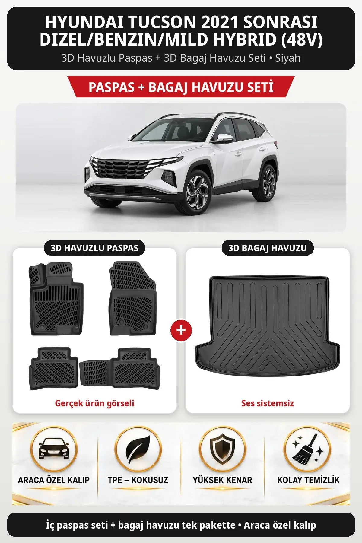 Hyundai Tucson 2021 Sonrası Dizel/Benzin/Mild Hybrid (48v) 3D Paspas + Bagaj Havuzu Seti (Ses Sistemli) Bej (1)