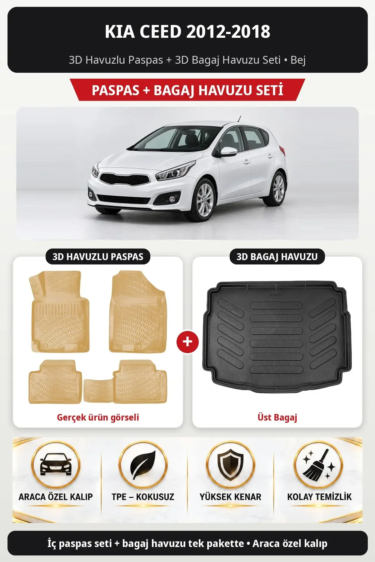 Kia Ceed 2012-2018 3D Havuzlu Paspas + 3D Bagaj Havuzu Seti (Üst Bagaj) Bej (1)